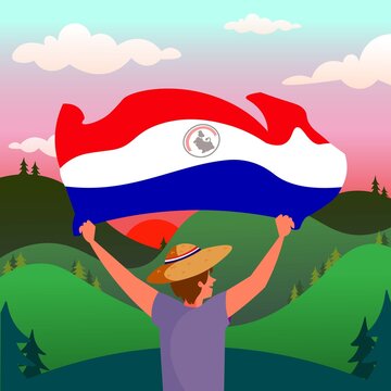 Personaje sujetando bandera de Paraguay con atardecer y campo de fondo