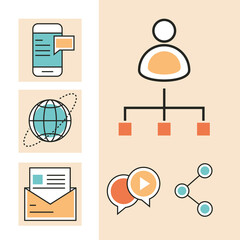digital marketing set of share email mobile world line and fill