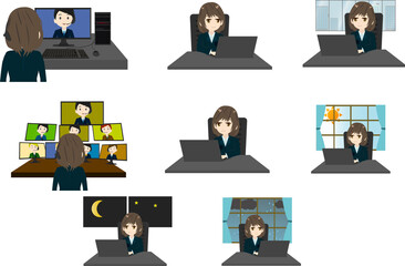 シンプルで可愛いパソコンで作業するビジネスウーマンのイラストセット