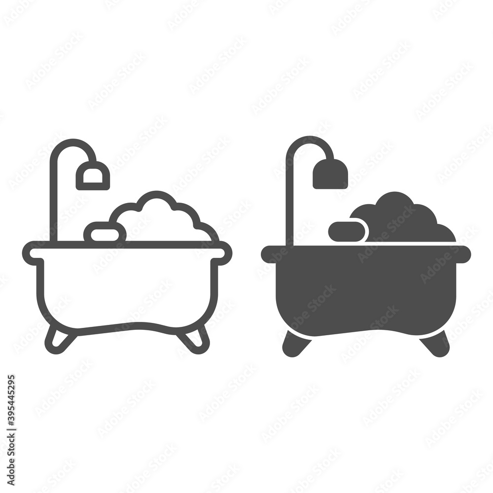 Aufkleber bathtub with soap and foam line and solid icon, hygiene routine concept, bath time sign on white bac
