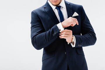 cropped view of businessman in suit posing isolated on white