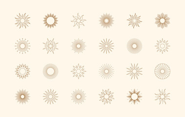 Big set of Sun shapes and Sunburst in minimal trendy style. Vector Icon, logo, labels, badges isolated. Boho illustration for t-shirts print, wall art, creating patterns
