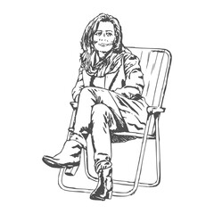 Young woman relaxing on lounge chair. Hand drawn sketch