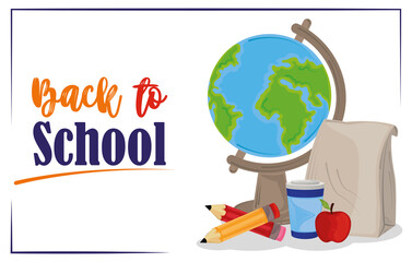 back to school, globe map pencils apple and lunch education