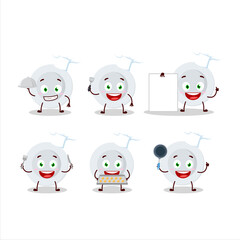 Cartoon character of new white plate with various chef emoticons