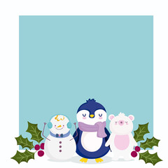 merry christmas, penguin bear snowman and holly berry design