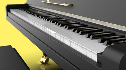 Grand Piano under Yellow Background. 3D illustration. 3D high quality rendering. 3D CG.