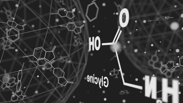 Glycine - main amino acid and inhibitory neurotransmitter. Chemical molecular formula. Lines and dots connected background. 3D rendering