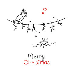 Christmas card with bird branches and serge. Minimalism. Vector sketch by hand.
