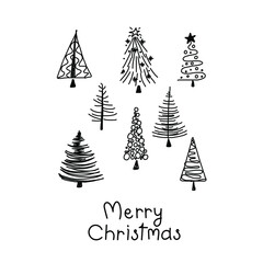 Vector set with Christmas tree. Merry christmas postcard with fir trees.