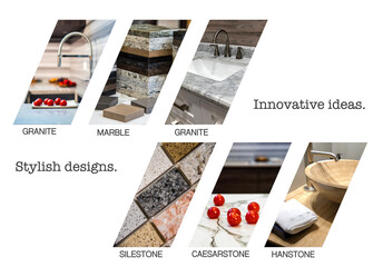 Various samples of kitchen granite countertop colors and bathroom marble countertops. Vanity quartz...