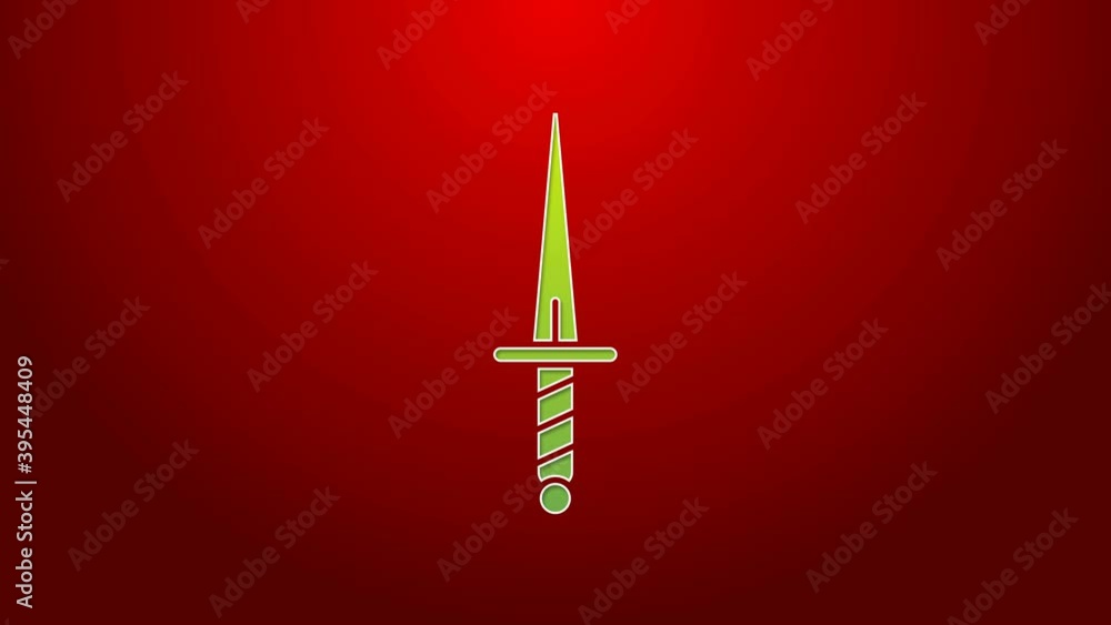 Poster green line dagger icon isolated on red background. knife icon. sword with sharp blade. 4k video moti