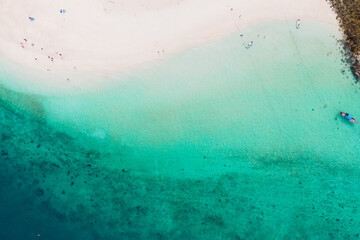 Aerial view of drone. Beaches and sea space area for text detail. on Khai Island, Phuket, Thailand, Seawater clear and blue green. Nature in Khai Island. At Khai island, Phuket, Thailand.