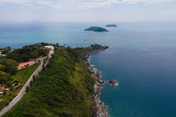 Obraz premium Amazing scene of Beautiful Turquoise in nature. Andaman ocean sea and coast in nature. Aerial view of drone coast sea, Andaman south of Thailand. At Phuket, Thailand. Nature and Travel concept.