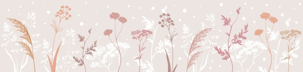 Horizontal seamless pattern with meadow grasses. Border pattern with herbarium.