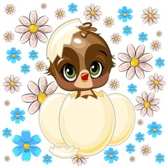 A little sparrow hatched from an egg. Funny chick. Cute and funny baby bird. The isolated object on a white background. Illustration. Cartoon style. Vector