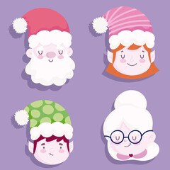 merry christmas, cute faces santa old woman and helpers icons design