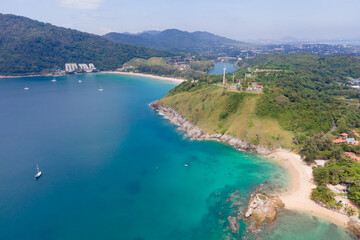 Fototapeta na wymiar Amazing scene of Beautiful Turquoise in nature. Andaman ocean sea and coast in nature. Aerial view of drone coast sea, Andaman south of Thailand. At Phuket, Thailand. Nature and Travel concept.