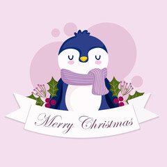 merry christmas, cute penguin animal ribbon holly berry card