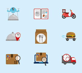 fast delivery service icon set scooter drone truck online ordering