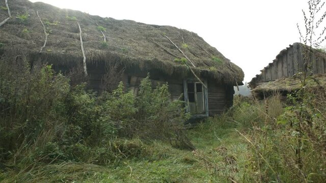 Old fashioned vintage wooden retro abandoned village countryside dacha house straw roof world war two World War II former USSR CIS Belarus partisan guerilla fight battle for freedom history historic