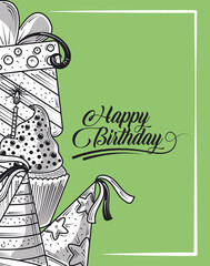 happy birthday party hat cake gift and celebration party, engraving style green background