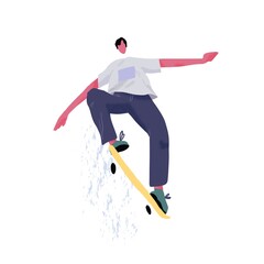 Modern skateboarder jumping and showing tricks with skateboard. Young skater with longboard. Extreme sport. Street activity. Flat textured vector illustration isolated on white background © Good Studio
