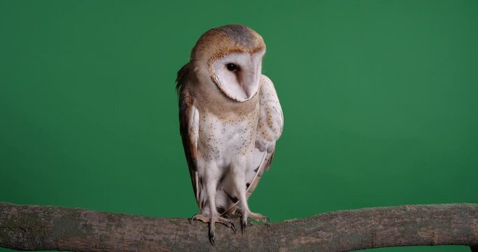 Beautiful barn owl on tree branch against green background