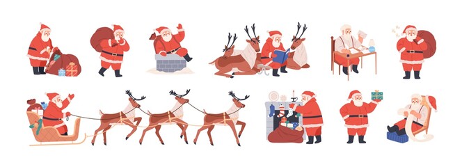 Set of xmas Santa Claus character riding reindeer sleigh, carrying bag with presents, putting gifts into merry christmas socks, writing letters. Flat vector illustration isolated on white background © Good Studio