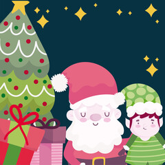 merry christmas, cute santa helper tree and gifts card