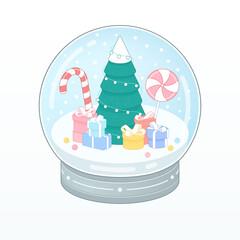 Snowball with winter Christmas tree with light garland and presents isolated on white background. 3d isometric vector illustration for web banner