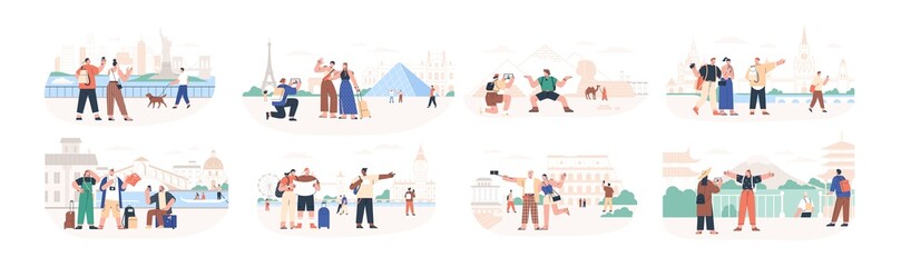 Set of traveling people visiting famous city landmarks and attractions. Collection of tourists going sightseeing, taking photos selfies at popular places. Flat vector illustration isolated on white