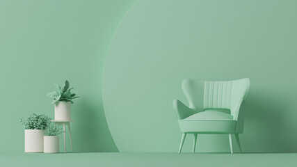 Elegant Scandinavian living room in the interior in pastel monochrome light blue color with sofa, plant pots. 3D rendering for web pages, presentations or backgrounds.