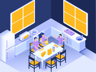 Happy family making cheesecake around kitchen table isometric vector flat design 3d