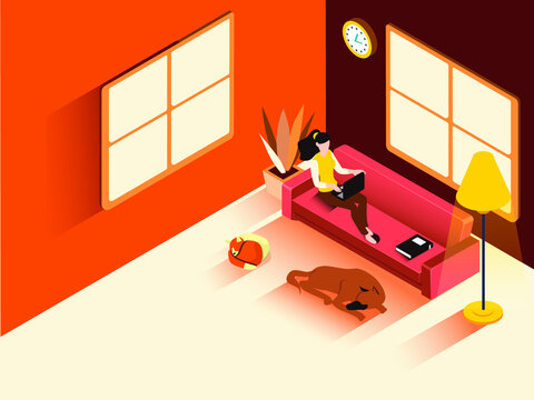 Woman and her pets working from home with a laptop computer flat isometric vector 3d design