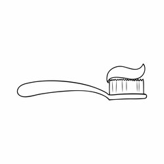 Contour drawing of a toothbrush with paste. Hygiene and health of the oral cavity and teeth. Vector Doodle coloring book for kids.