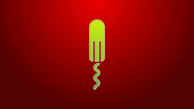 Green line Menstruation and sanitary tampon icon isolated on red background. Feminine hygiene product. 4K Video motion graphic animation