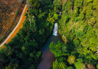 Aerial view of Pasy or Pa Sy waterfalls, Mang Den, Kon Tum province, Vietnam.