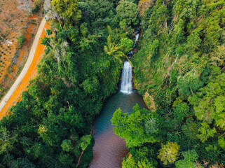 Aerial view of Pasy or Pa Sy waterfalls, Mang Den, Kon Tum province, Vietnam. - obrazy, fototapety, plakaty