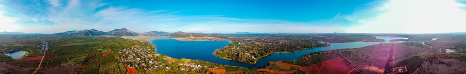 Aerial view of To Nung lake or T’nung lake near Pleiku city, Gia Lai province, Vietnam. To Nung lake or T’nung lake on the lava background of a volcano that has stopped working