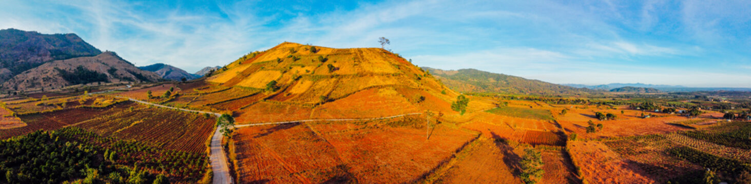 Aerial view of Chu Dang Ya volcano mountain near Pleiku city, Gia Lai province, Vietnam. Chu Dang Ya mountain is a volcano that has stopped working