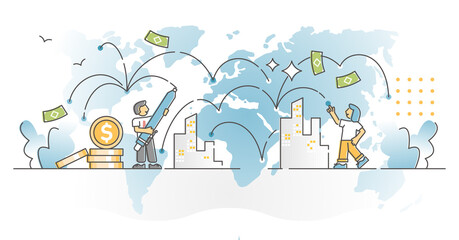 Naklejka premium Finance network with global money transfer around world scene outline concept
