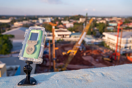 Camera shooting time lapse video construction weather resistant in the construction area..