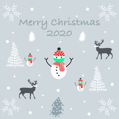christmas greeting card 2020 with snowman who wearing the surgical mask, the reindeer wearing the white mask, snowflakes and Christmas trees. Vector illustration in Covid-19 situation.