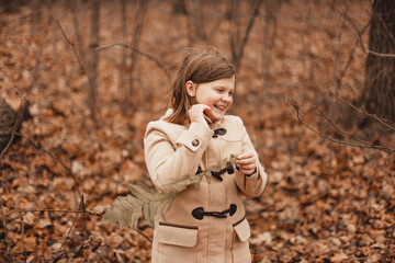 Caucasian girl child in the park in autumn with an autumn leaf, the concept of falling leaves,...