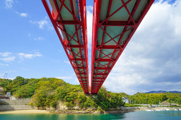 青空を2つに分かつ赤い鉄橋　広島県・向島大橋