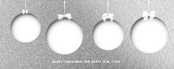 White Christmas balls cut out on a gray metal background with the inscription. Illustration.