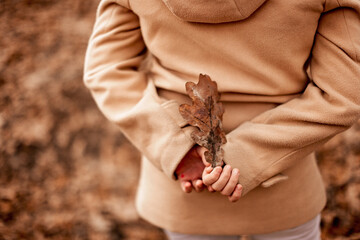 Caucasian girl child in the park in autumn with an autumn leaf, the concept of falling leaves, collecting herbarium and collecting leaves in the park, loneliness and safety
