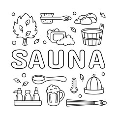 Contour square sauna poster. Graphic template for label, bag print, banner. Black linear illustration. Lettering and isolated vector icons set. Wooden tub, ladle, hat, broom, brush, soap, leaves