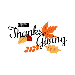 Happy Thanksgiving typography handwriting black text with autumn leaves concept vector illustration.